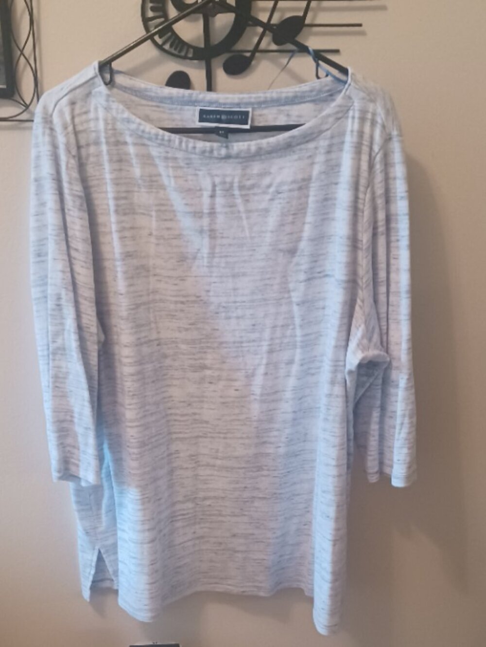 PLUS Karen Scott 3/4 Sleeve Scoop Neck Blue White Stretchy Top 3X